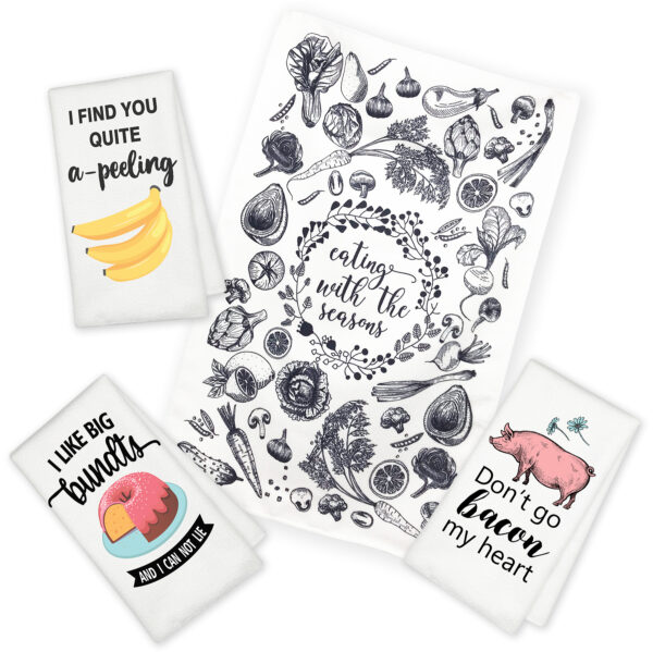 Eleville Fashion Kitchen Towels Set of 4 Fashion Cake Bacon Banana Funny Quotes Saying Words Wisdom Humor Wedding Housewarming KTN003