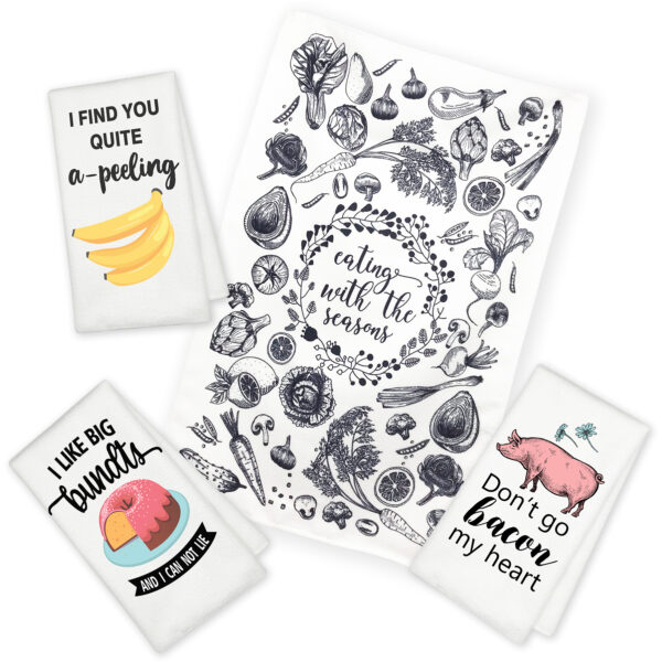Eleville Fashion Kitchen Towels Set of 4 Fashion Cake Bacon Banana Funny Quotes Saying Words Wisdom Humor Wedding Housewarming KTN003