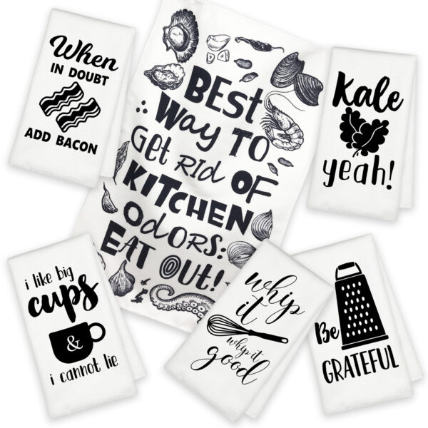 Eleville Fashion Kitchen Towels Set of 6 Fashion Bacon Kale Mug Cheese Grater Funny Quotes Saying Wisdom Humor Wedding Housewarming KTN004