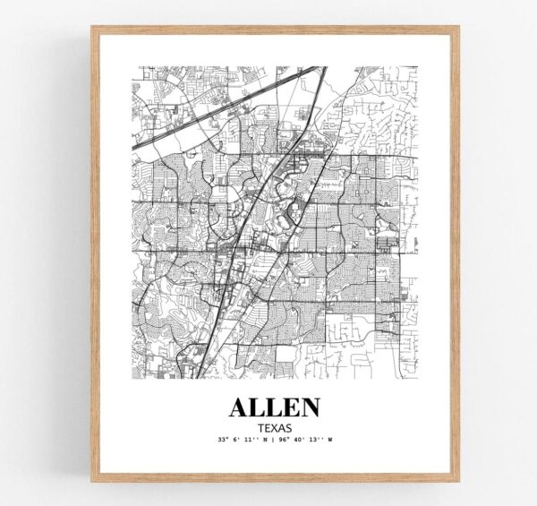 Eleville Unframed Allen Texas City View Abstract Modern Map Art Print Poster Wall Office Home Decor Line Art wgn561