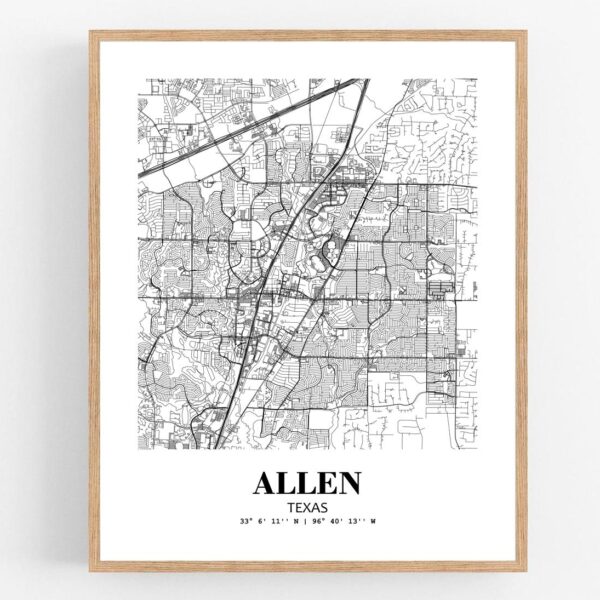 Eleville Unframed Allen Texas City View Abstract Modern Map Art Print Poster Wall Office Home Decor Line Art wgn561