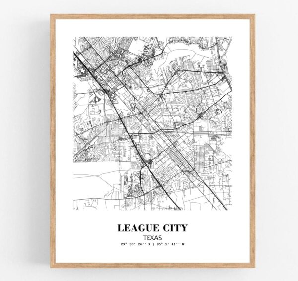 Eleville Unframed League City Texas City View Abstract Modern Map Art Print Poster Wall Office Home Decor Line Art wgn654