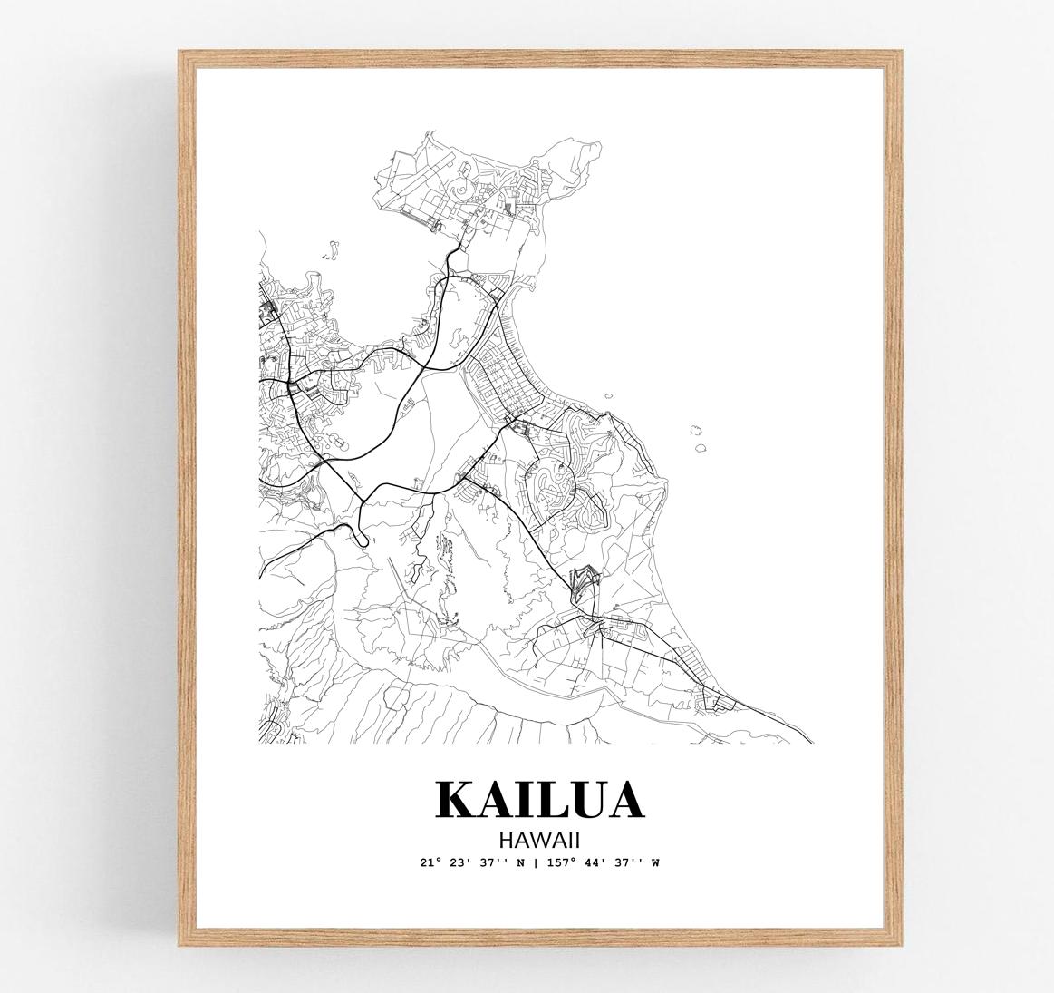 Eleville 11X14 Unframed Kailua Hawaii City View Abstract Modern Map Art Print Poster wgn948