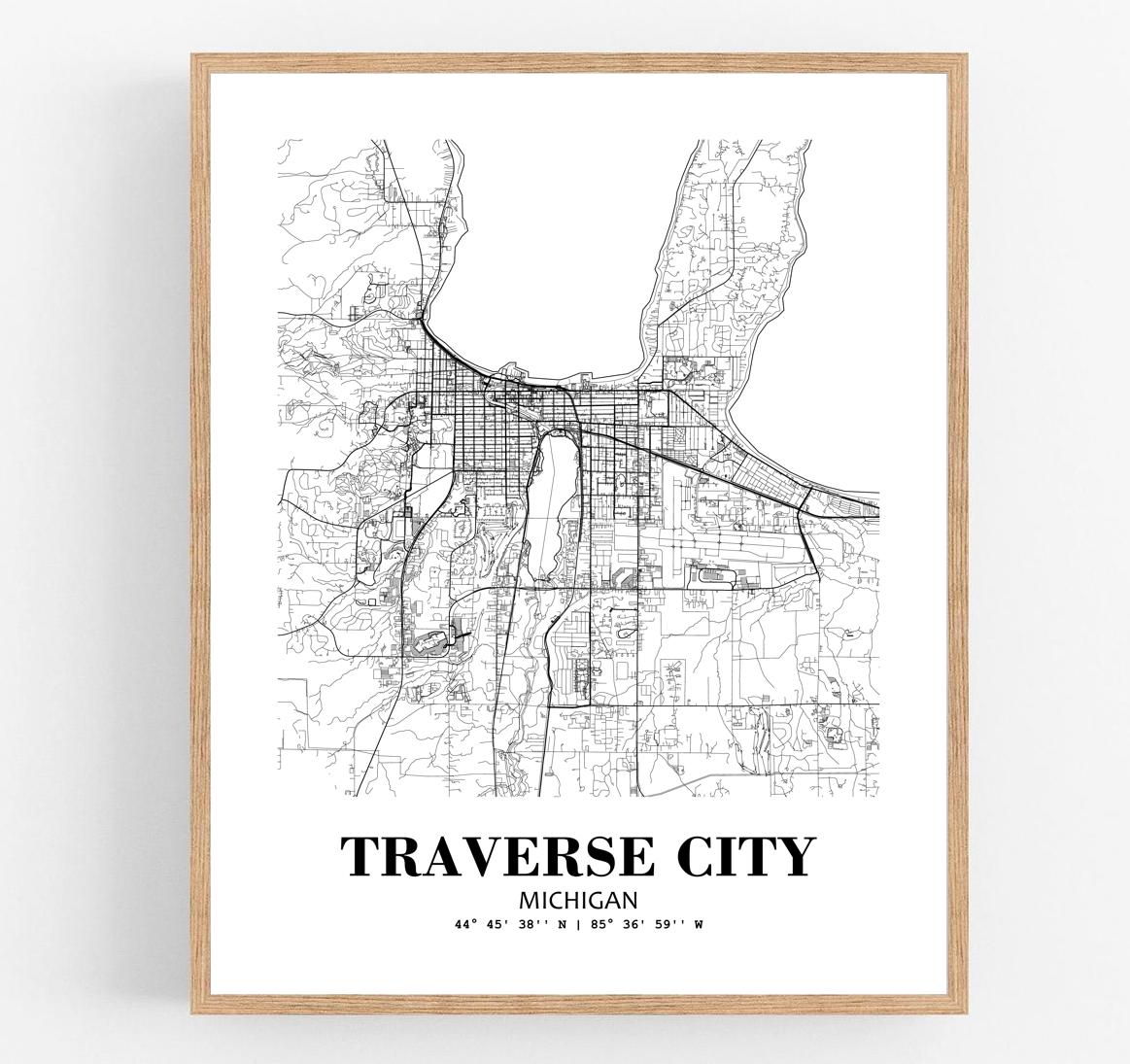 Eleville Unframed Traverse City Michigan City View Abstract Modern Map Art Print Poster Wall Office Home Decor Line Art wgn949